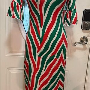 🎄 Christmas Candy Cane Zebra Maxi Dress – Modest Ruffle Sleeve | Size XS